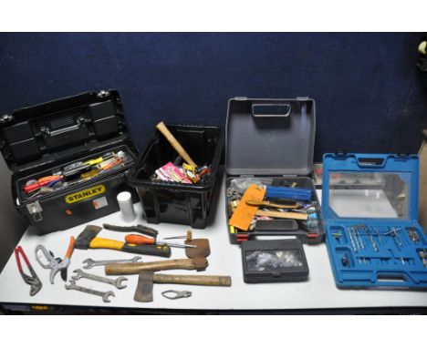 A COLLECTION OF HANDTOOLS to include a plastic toolbox containing screwdrivers, Allen keys, socket set etc, a drill case cont