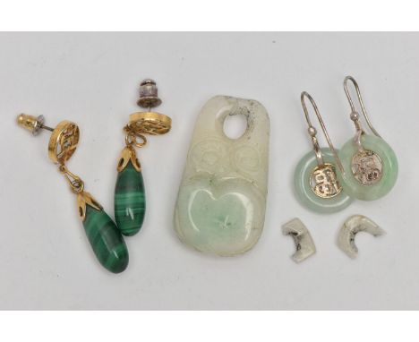 TWO PAIRS OF EARRINGS AND A PENDANT, to include a pair of white metal drop earrings depicting an oriental symbol within a pol