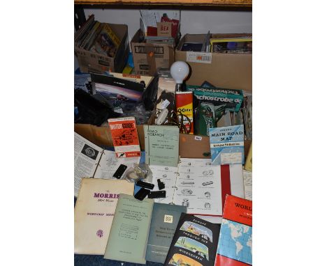 SIX BOXES OF CAR AND BIKE RELATED BOOKS AND SUNDRIES, to include an upcycled table lamp made from a vintage O-Cedar furniture