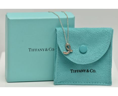 A 'TIFFANY &amp; CO' ELSE PERETTI LETTER 'E' PENDANT NECKLACE, polished initial 'e' pendant, unmarked, suspended from a fine 