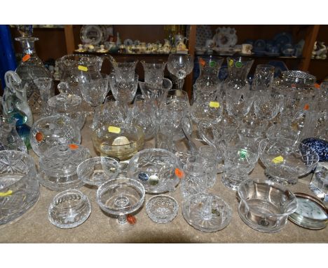 A QUANTITY OF CUT CRYSTAL AND COLOURED GLASS, comprising Bohemia Crystal dish, a pair of Scottish Crystal wine glasses in the