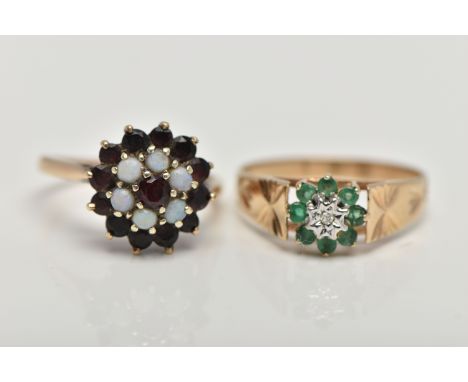 TWO GEM SET RINGS, the first a 9ct yellow gold ring, set with four circular cut emeralds and a single round brilliant cut dia