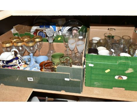 THREE BOXES AND LOOSE PICTURES, CERAMICS, GLASSWARES AND SUNDRY ITEMS, to include a brass coach lamp, an oil on convex board 
