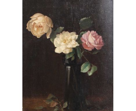 Manner of Stuart Park (1862-1933)Still life of roses in a glass vaseOil on panel, 37cm by 29.5cm