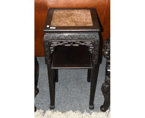 Chinese Carved Hardwood Marble Top Stand, with shelf stretcher, 41cm square by 87cmOverall in good condition. The marble is i