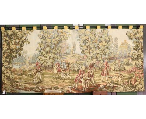 A Machine Made Tapestry Worked in Wool, depicting a hunting scene, 290cm by 130cm