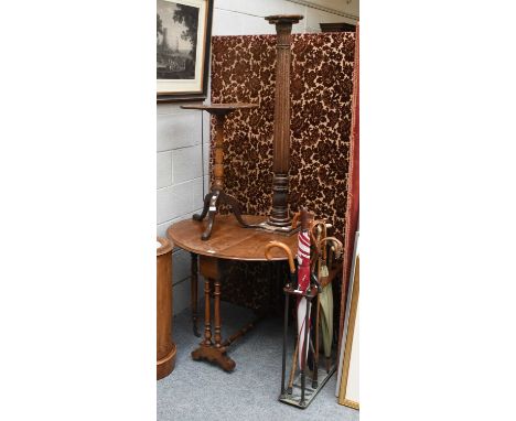 A Group of Furniture, comprising a Sutherland table, a 19th century tripod table, a mahogany pedestal, a stick stand and a qu