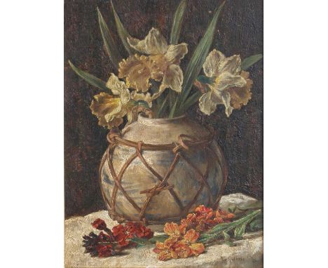 W.D.Guthrie (19th/20th Century)Still life of daffodils and other flowers in a bulbous vaseSigned oil on panel, 33.5cm by 23cm