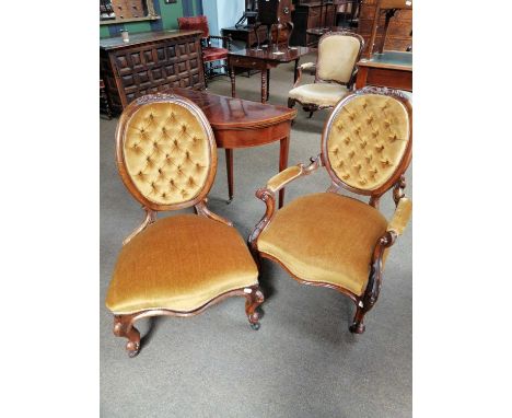 A Ladies and Gents Pair of Victorian Button Back Chairs, with walnut frames