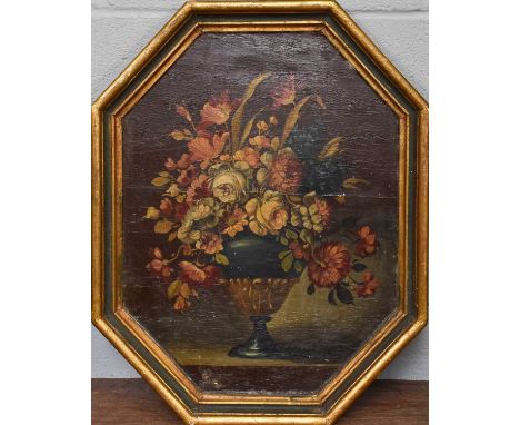Still Life of Flowers, oil on panel, together with a lanscape oil, Chinese silkwork frame, various other pictures, frames, oi