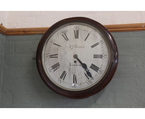 A mid Victorian mahogany round cased wall clock, fusee movement, the 14" silvered dial inscribed R J Warren, London