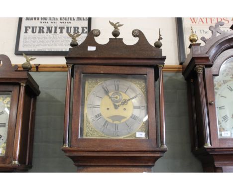 An oak long case clock c1800, the square dial with silvered chapter ring and brass spandrels, inscribed Robt Burgefs, London,