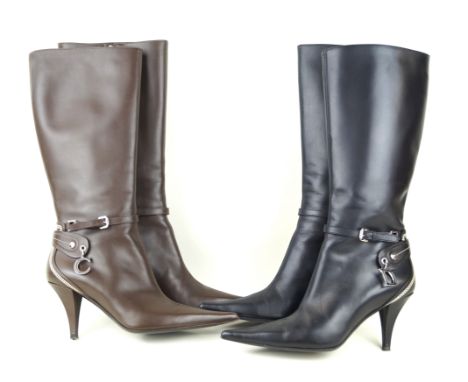 Christian Dior: Two pairs of leather heeled boots
The first, size 39, in chocolate brown leather, with ankle strap detail, si