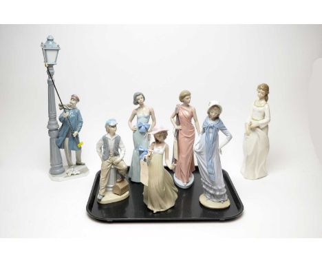 A Lladro figure of the Lamp Lighter; together with a selection of five Nao figures of ladies; and a Nao figure of a boy. (7)