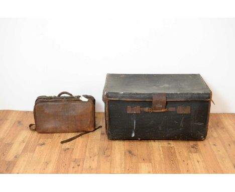 An early 20th Century canvas and leather-bound steamer trunk, inscription to the interior reads, JWT Allen Trunk and Portmant