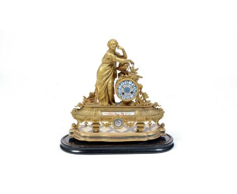 Japy Freres: a late 19th Century French gilt metal figural mantel clock, the Sevres style celeste blue dial signed "Derby" wi