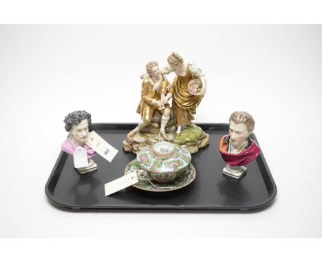 A collection of Chinese and continental ceramics, including: pair of French ceramic busts of Beethoven and Mozart, with pseud