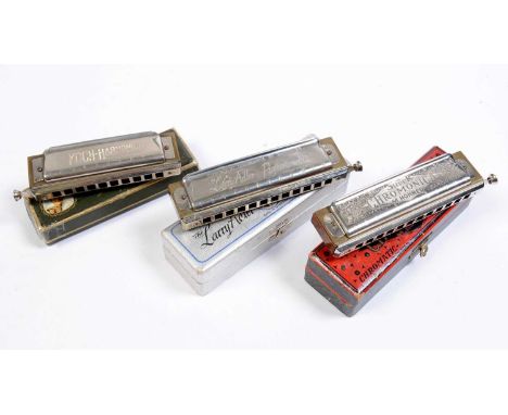 A M.Hohner Larry Adler professional 12 chromatic harmonica, boxed; a Hohner Super Chromonica, boxed; and a Koch chromatic har