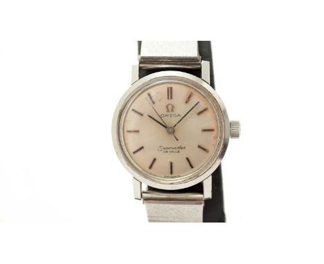 Omega Seamaster De Ville: a steel cased ladies manual wind cocktail watch, with silvered baton dial and associated mesh brace