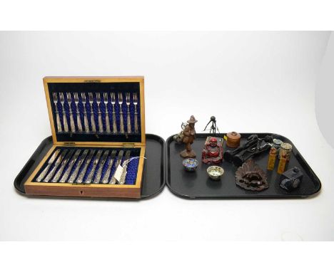 Assorted collectibles, including: canteen of silver plated cutlery; pair of carved stone seals; Oriental carved wood mythical