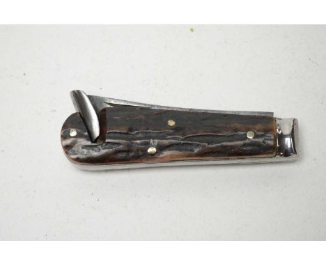 A 19th Century folding farrier's hoof pick rase tool, by Lockwood Brothers, antler handle, 17.5cms open.