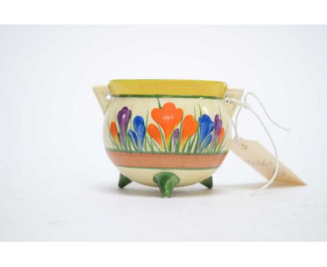 A Wilkinson Ltd Bizarre by Clarice Cliff ‘Crocus’ hand painted twin handled cauldron bowl, raised on three feet, 10cms wide.