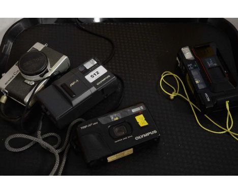 An Olympus Trip AF Mini camera; Olympus AF-1 camera; Konica C35 camera; and a Ricoh FF-70 camera. (4)