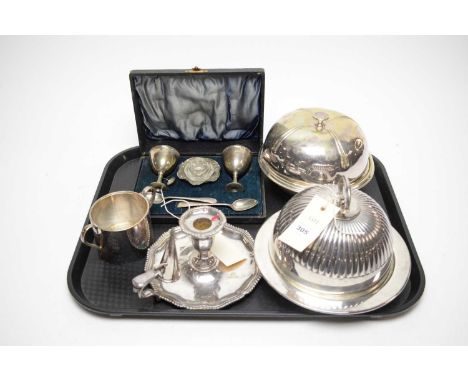 A selection of silver plated wares, including: chamber candlestick and snuffer, by Winsor Bishop Norwich; muffin dishes with 