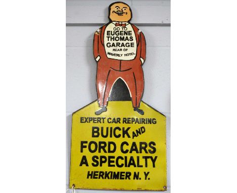 A Eugene Thomas Garage Expert Car Repair enamel advertising sign, of figural form, over inscription ‘Expert Car Repairing Bui