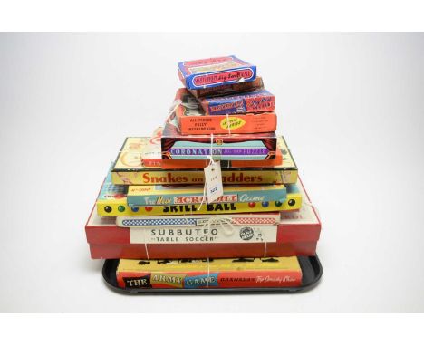 A collection of vintage toys and games, including: Coronation Jigsaw Puzzle; Subbuteo table soccer; The Army Game; Snakes and