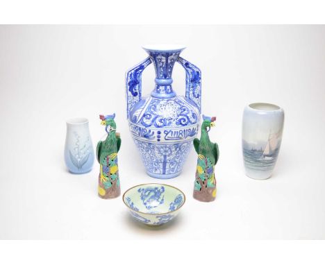 A selection of decorative ceramics, including: Chinese blue and white dragon bowl; Royal Copenhagen vase with panoramic seasc