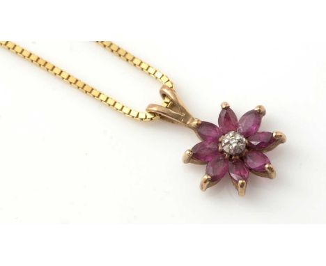 A diamond and ruby flowerhead pattern cluster pendant, in 9ct yellow gold mount on 18ct box link chain, 5.6g gross.