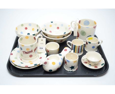 A collection of Emma Bridgewater ceramics, most with colourful polka dot decoration, including: ‘Thank You’ mug; bird tea lig
