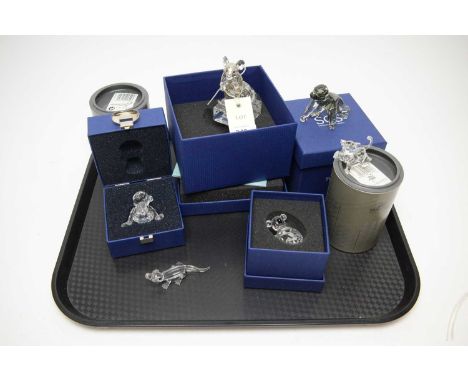 A collection of Swarovski Crystal animal figures, including: Chinese Zodiak ‘Rat’ figure; baby chimp; gorilla; crocodile; koa