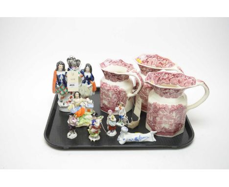 A selection of Staffordshire and other ceramics, including: three Mason’s ‘Vista’ pattern jugs; Staffordshire flatback pocket