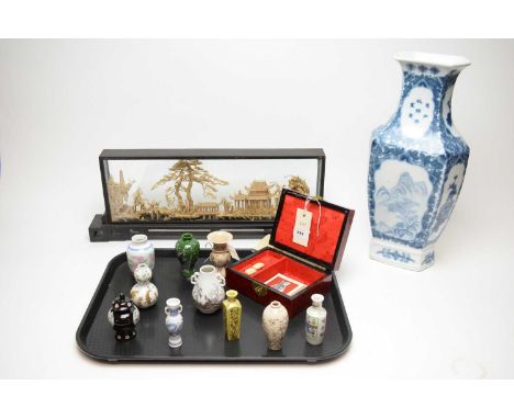 A Chinese blue and white vase; together with a selection of Franklin Mint Chinoiserie vases; cork diorama, in glazed display 