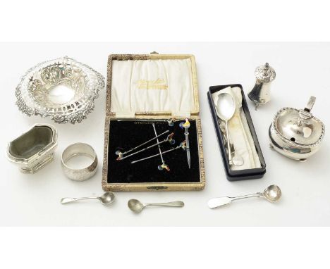 Five silver and enamel cockerel pattern cocktail sticks in fitted case; a bon bon dish; a selection of condiments including a