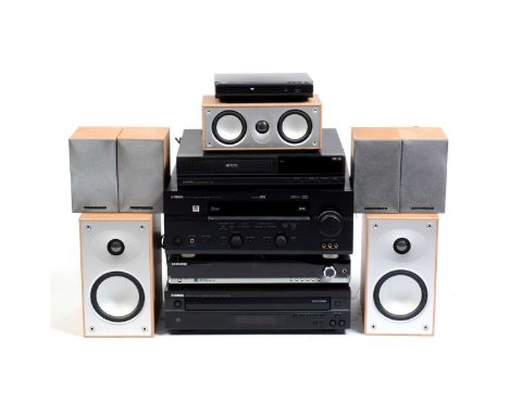 A Mordaunt-Short/Yamaha surround sound system comprising: a Yamaha RX-V100D surround-sound system AV receiver and amplifier; 