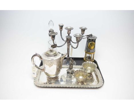 A collection of silver plated wares, including: silver plated candelabra; Swedish three piece tea service; cut glass decanter