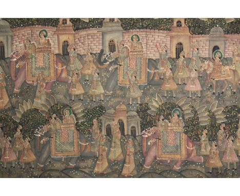 A large and highly detailed Indian painting on light cotton. A court painting showing a procession of elephants. In a hand de