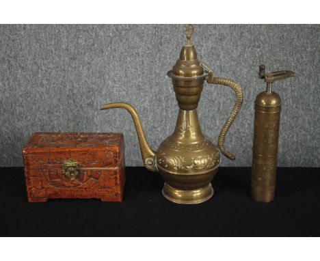 A brass teapot and coffee grinder. Probably Turkish. Also, a carved box containing necklaces. H.36cm. (largest) 