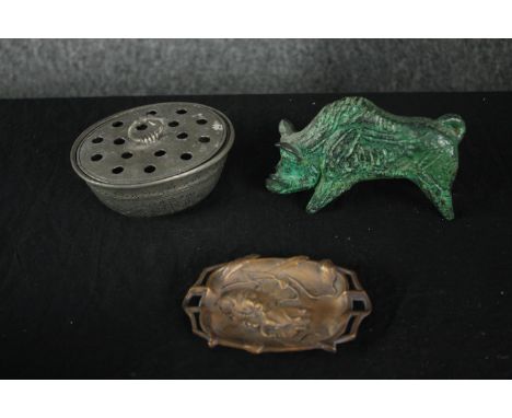 A brass boar, a brass Art Nouveau flower design ashtray and a pewter flower planter. H.8 W.14cm. (largest) 