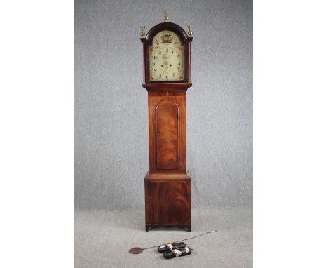 Longcase clock, Georgian mahogany and crossbanded case with satinwood string inlay, painted face and eight day movement. H.22