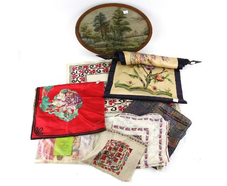 Vintage brown wool Shawl with stylised floral border, 220cm x 96cm  a wall hanging embroidered with a bird on floral branch, 