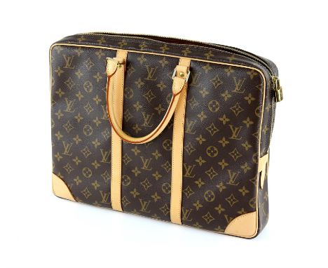 Louis Vuitton Porte Document Voyage soft Briefcase , monogram canvas, tan leather straps and handles, interior compartments a