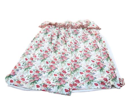 Pair of floral interlined and weighted satin finish curtains predominately in rust and green on a cream ground283cm x 196cm w