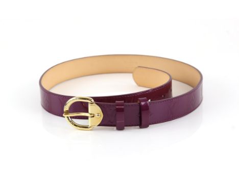 Louis Vuitton monogram purple leather patent  belt 80/32 with gold buckle appears unworn Condition Report:  Date Code CT4067,