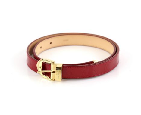 Louis Vuitton monogram red leather patent belt 80/32 with gold buckle appears unwornCondition Report:  Date code on belt is R