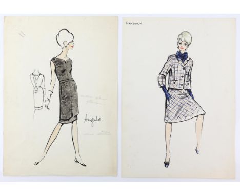 Sir Norman Hartnell (1901-1979). Two original pen, watercolour and pencil fashion illustrations of 1960s day wear depicting a