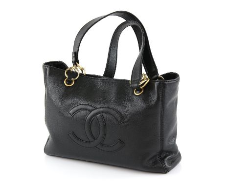 Chanel black caviar Leather shopper, with gold link chain handles, interlocking c motif, 2 interior zipped pockets and popper